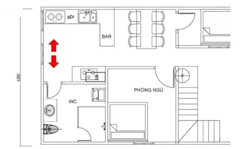 Bếp đối diện nhà vệ sinh