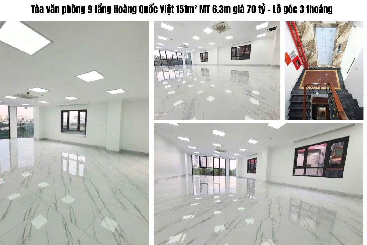 Tòa văn phòng 9 tầng Hoàng Quốc Việt 151m² MT 6.3m giá 70 tỷ – Lô góc 3 thoáng